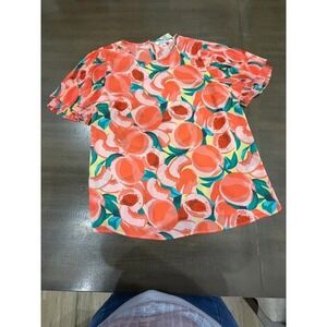 Black Rainn Peach Print Pleated Sleeve Top Blouse Size M Summer Casual